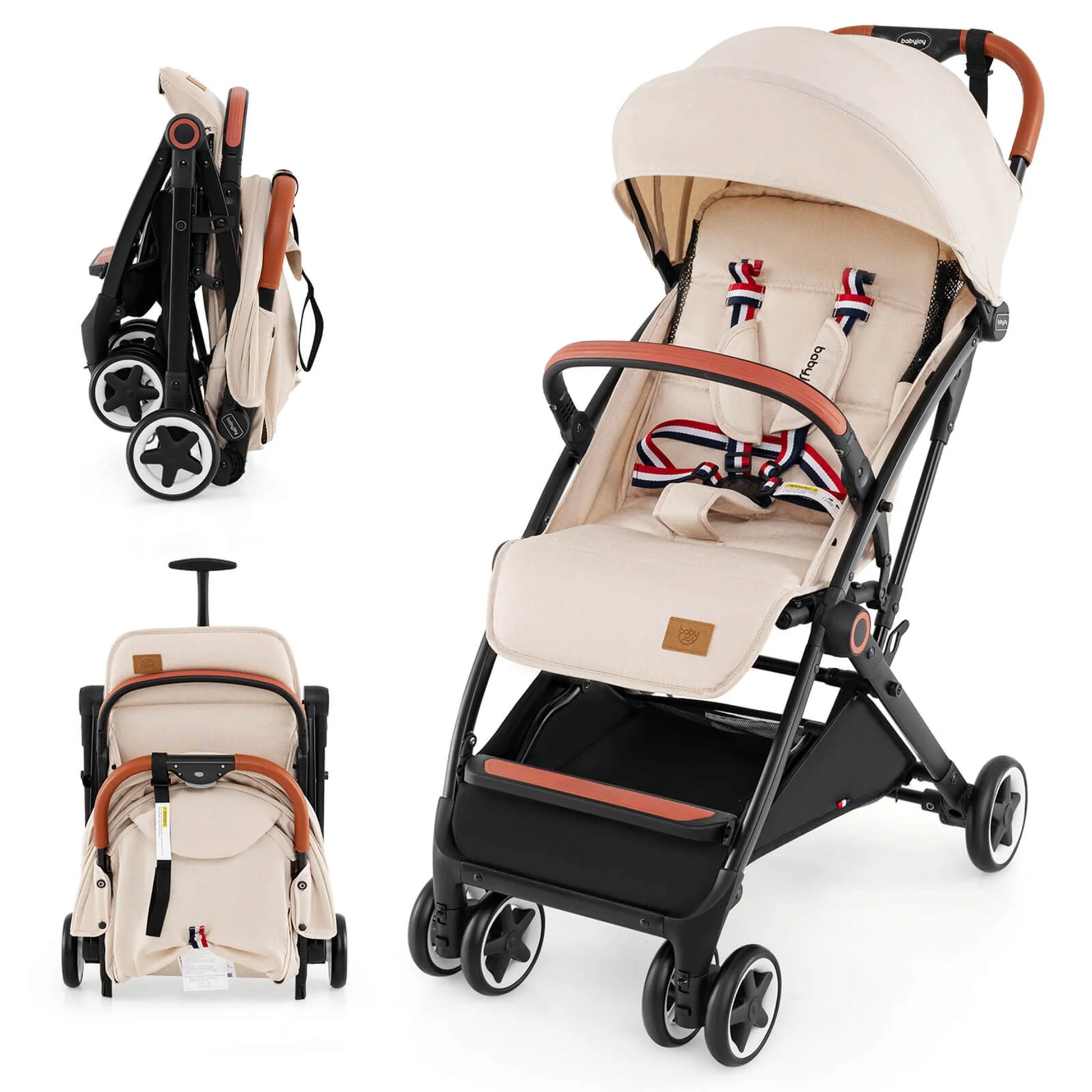 Babyjoy Lightweight Baby Stroller Aluminium Frame with Net for Travel 15 Lbs Beige