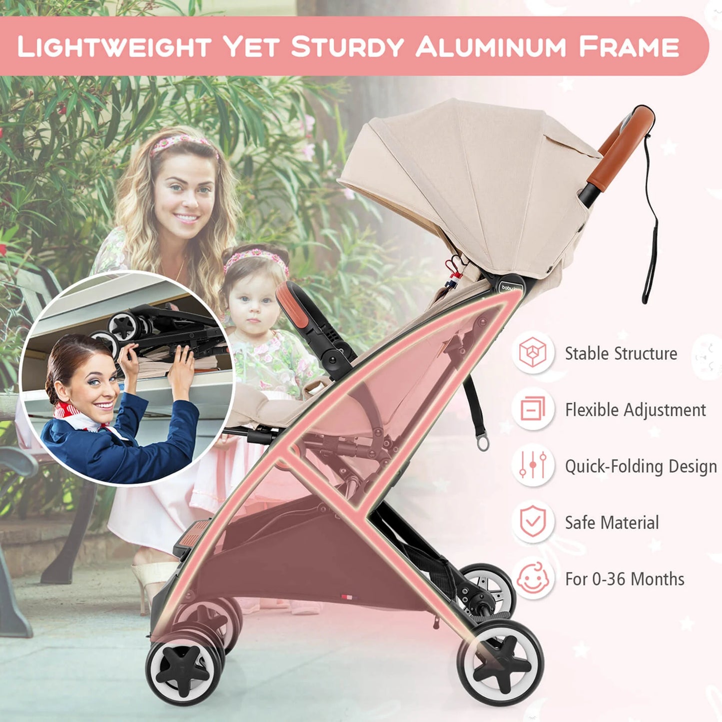 Babyjoy Lightweight Baby Stroller Aluminium Frame with Net for Travel 15 Lbs Beige