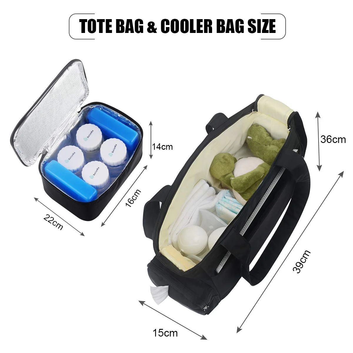 Multi-Functional Baby Nappy Changing/Breastpump Tote Bag with Breast Milk Cooler Pack (4 Refrigerants & 4 Bottles) for Work/Travel, Black