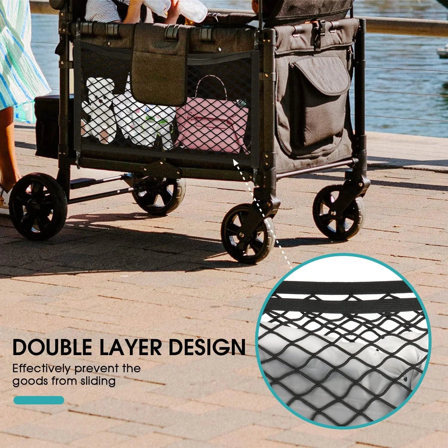 Black Stroller Wagon Cargo Net,  Wagon Accessories Universal Fit Stroller Mesh Cargo Net and Organizer, Extra Large Stroller Storage Space (Compatible with WONDERFOLD All W-Series Models)