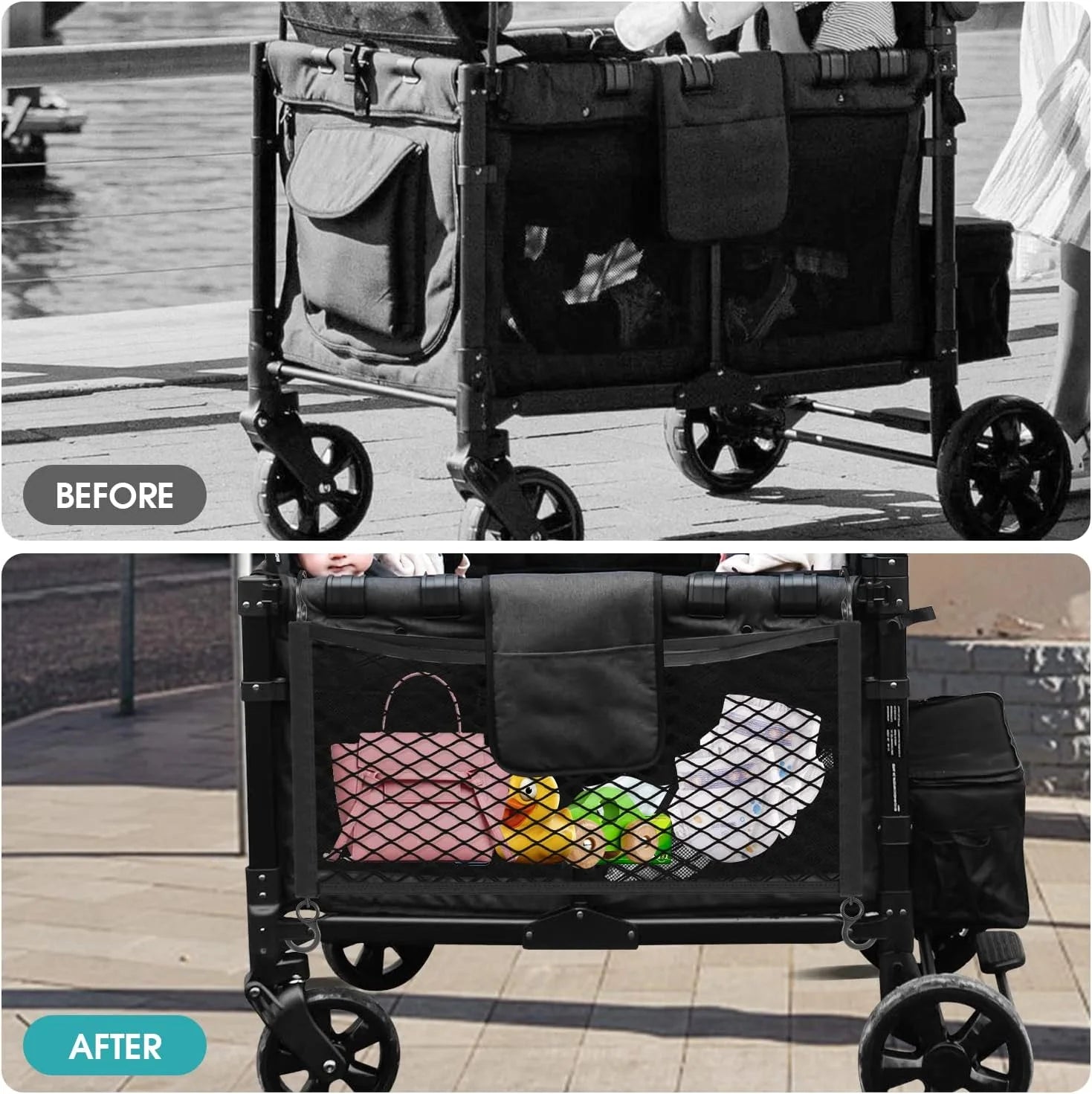 Black Stroller Wagon Cargo Net,  Wagon Accessories Universal Fit Stroller Mesh Cargo Net and Organizer, Extra Large Stroller Storage Space (Compatible with WONDERFOLD All W-Series Models)