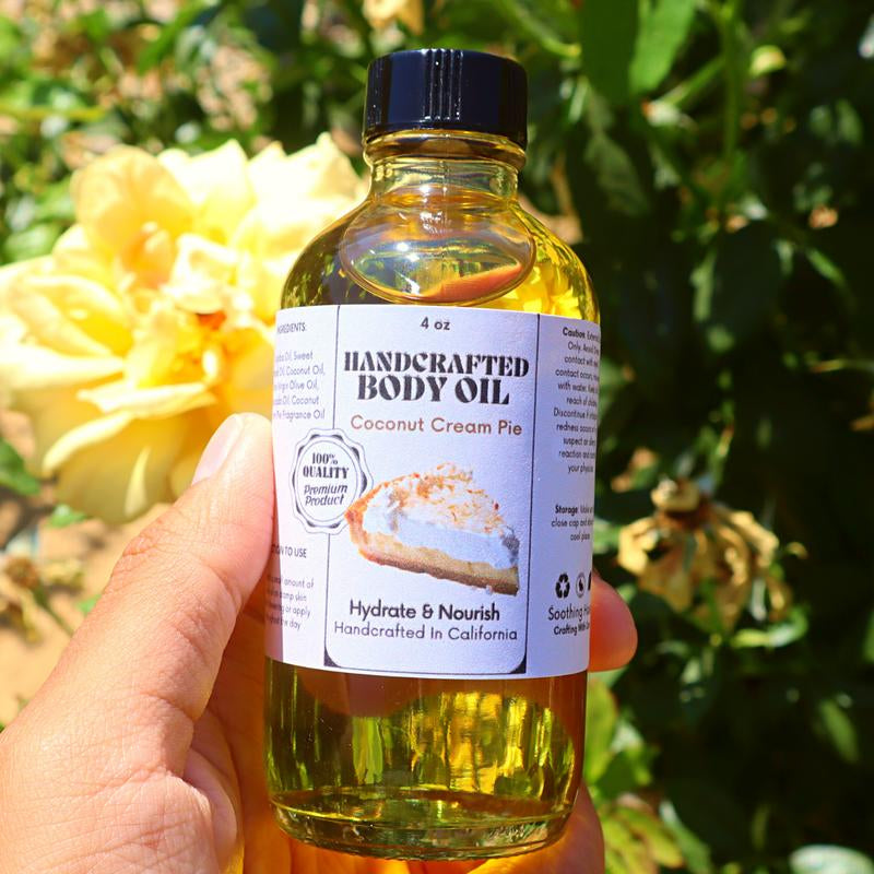 Handcrafted Coconut Cream Pie Body Oil Avocado Fragrance Body Care Jojoba Soothing Comfort Scent Body Care Olive Dropper Scented Aroma Skin Oil