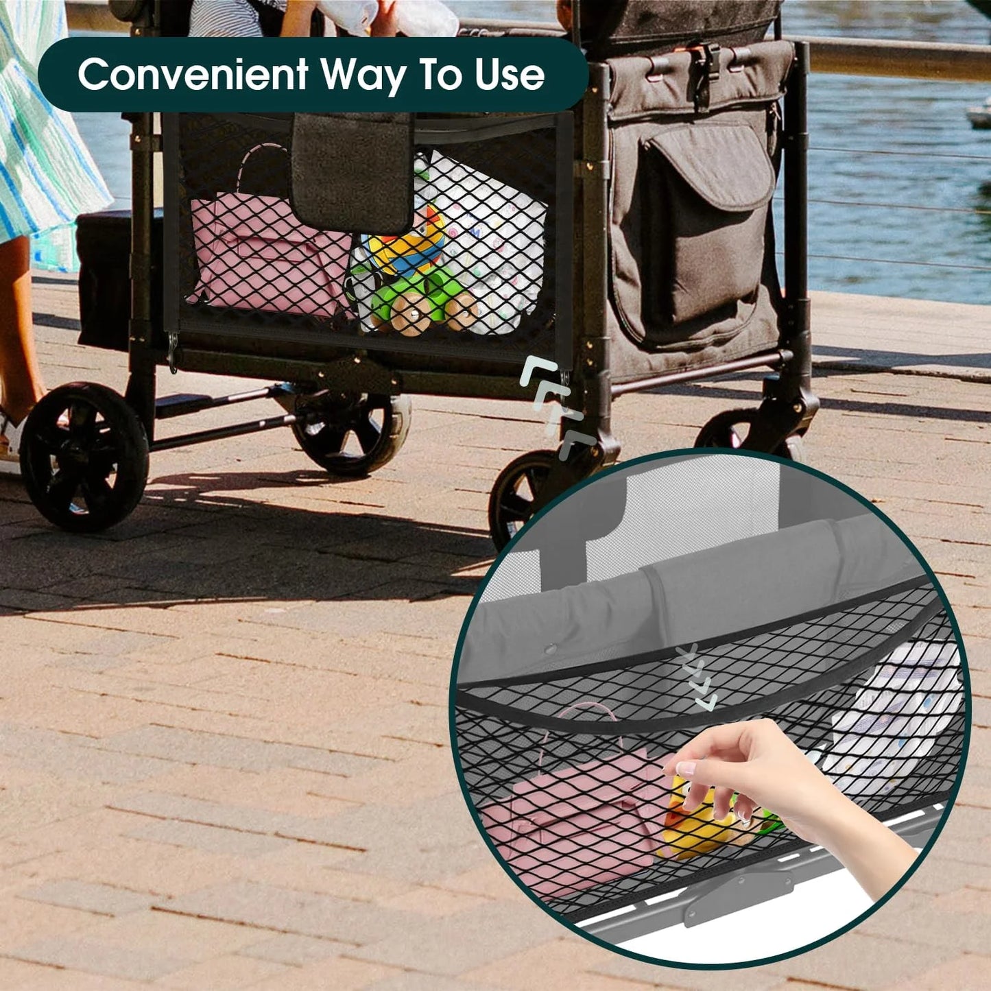 Black Stroller Wagon Cargo Net,  Wagon Accessories Universal Fit Stroller Mesh Cargo Net and Organizer, Extra Large Stroller Storage Space (Compatible with WONDERFOLD All W-Series Models)