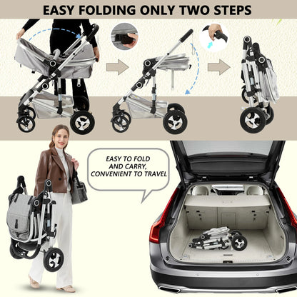 3-In-1 Convertible Baby Stroller, Folding Newborn Stroller with Big Seat, 21LB, Light Grey