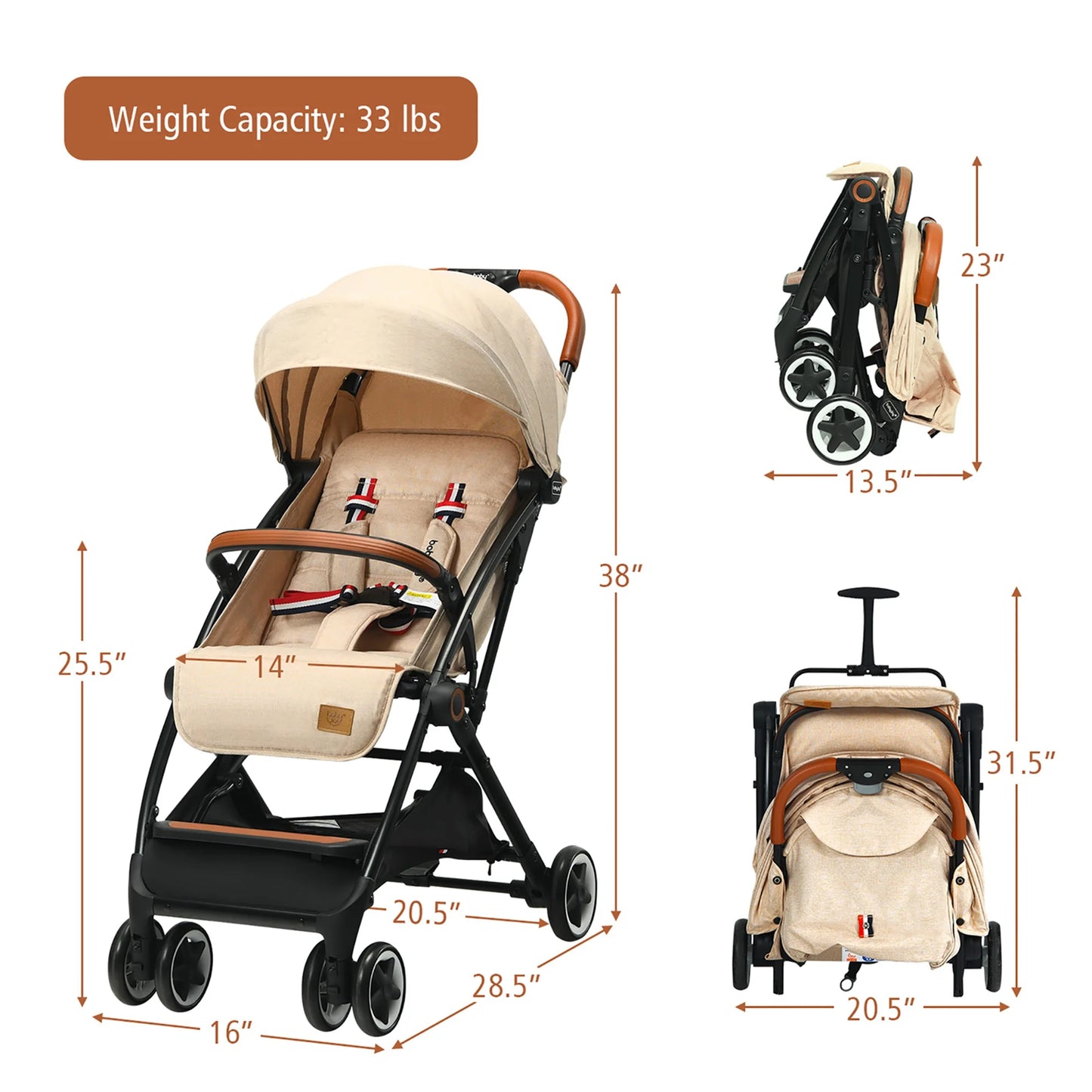 Babyjoy Lightweight Baby Stroller Aluminium Frame with Net for Travel 15 Lbs Beige