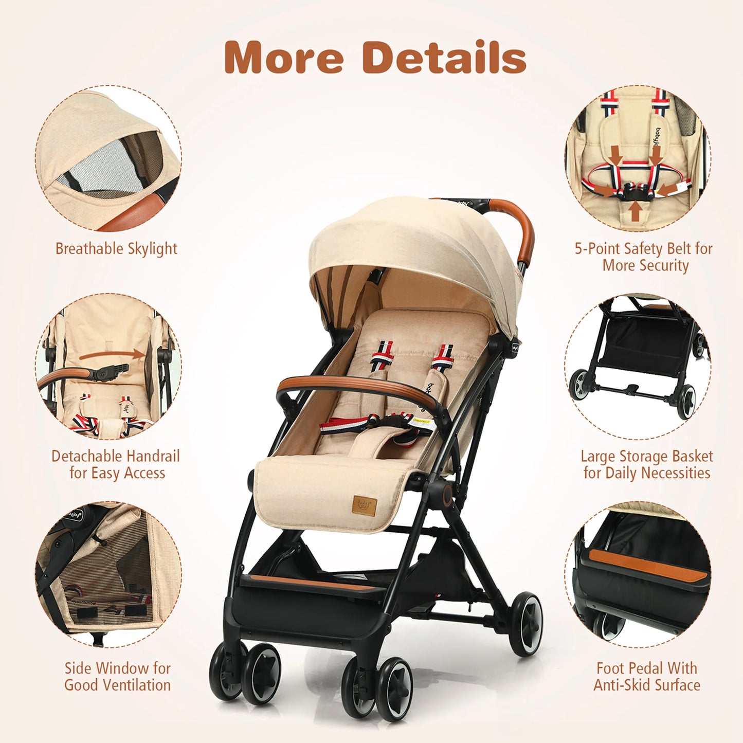 Babyjoy Lightweight Baby Stroller Aluminium Frame with Net for Travel 15 Lbs Beige