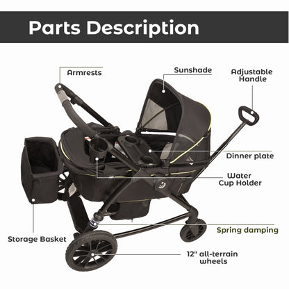 Unisex 2-Seat Wagon Stroller Folding Stroller with Adjustable Canopy for Infant, Weight 44 Pounds