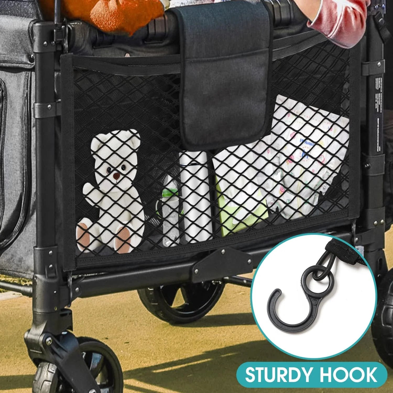 Black Stroller Wagon Cargo Net,  Wagon Accessories Universal Fit Stroller Mesh Cargo Net and Organizer, Extra Large Stroller Storage Space (Compatible with WONDERFOLD All W-Series Models)