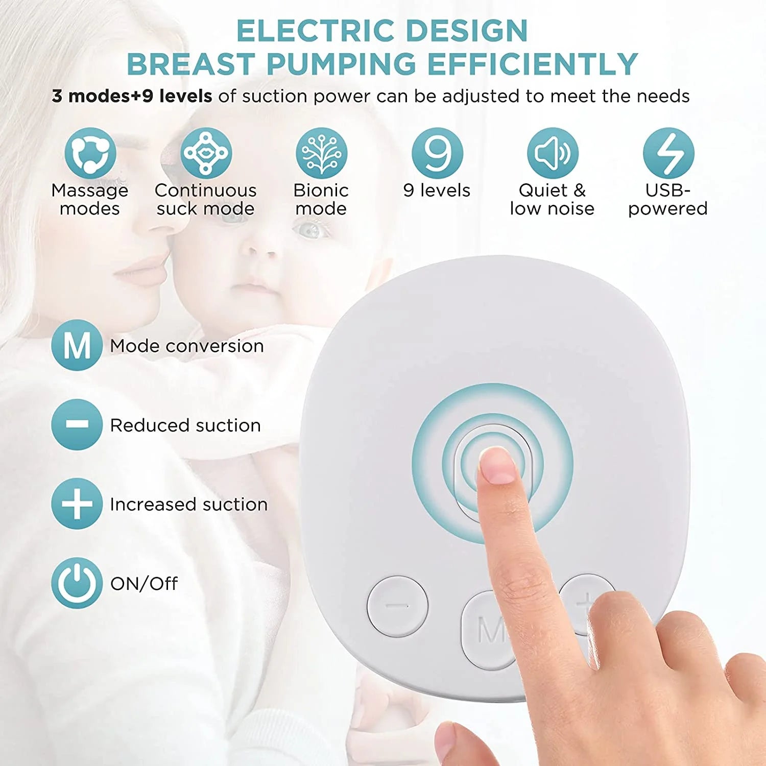 Double Electric Breast Pumps, Portable Dual Breastfeeding Milk Pumps Pain-Free Strong Suction Power for Millk Collect and Breast Massage, 3 Modes 9 Levels