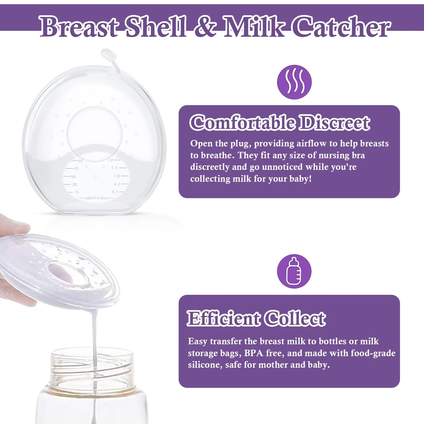 Milk Saver, Milk Catcher for Breastmilk, Breast Shell to Collect Leaking Breastmilk, Collector Cup for Nursing & Breastfeeding, Saves up to 2 Ounces of Leaking Liquid Gold, Silicone-Free