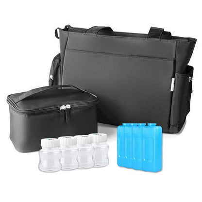 Multi-Functional Baby Nappy Changing/Breastpump Tote Bag with Breast Milk Cooler Pack (4 Refrigerants & 4 Bottles) for Work/Travel, Black