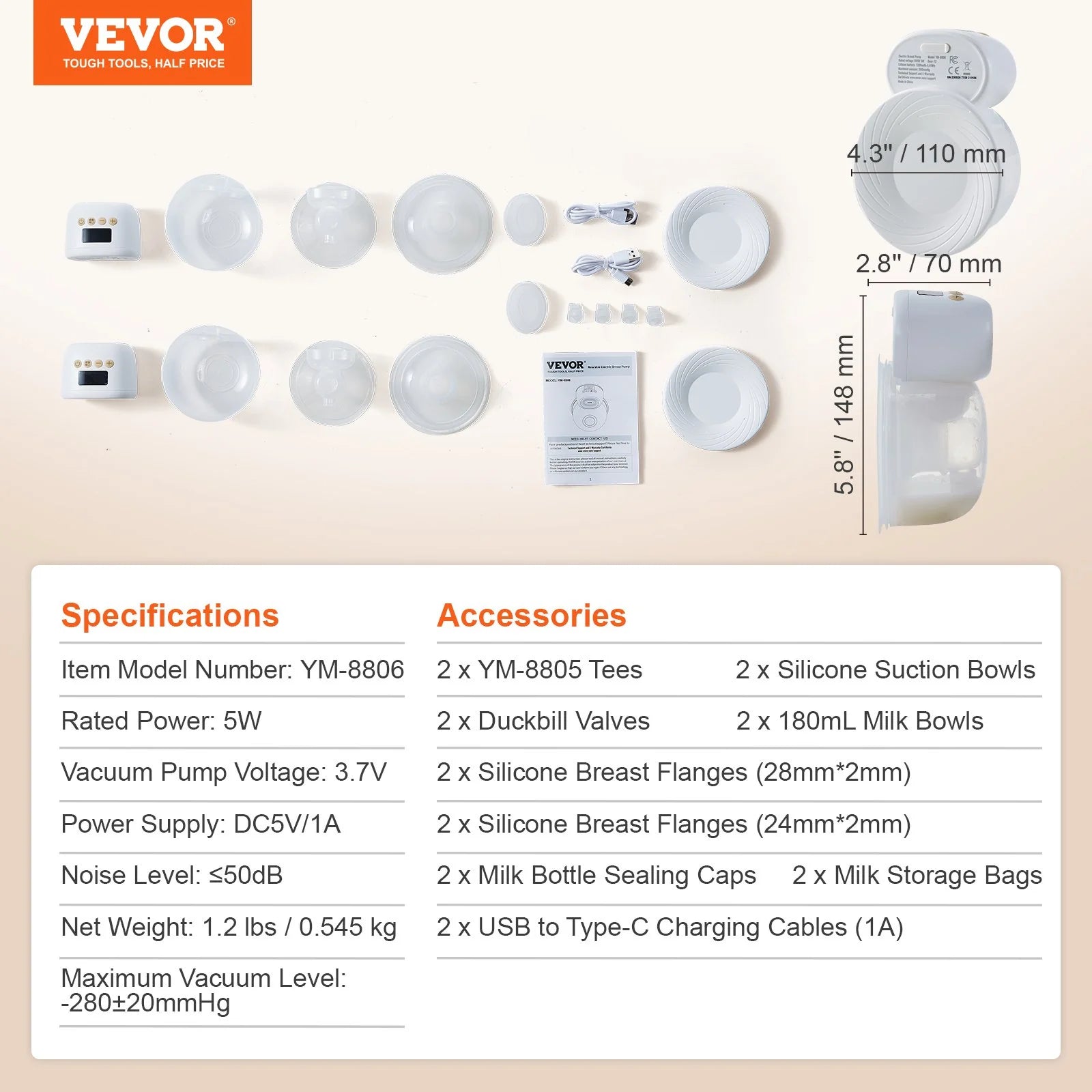 VEVOR Breast Pump, Wearable Electric Breast Pumps Hands Free, 4 Mode & 12 Levels, 300Mmhg Strong Suction, Ultra-Quiet Rechargeable Portable Breastfeeding Pump with LED Display, 24Mm Insert/28Mm Flange