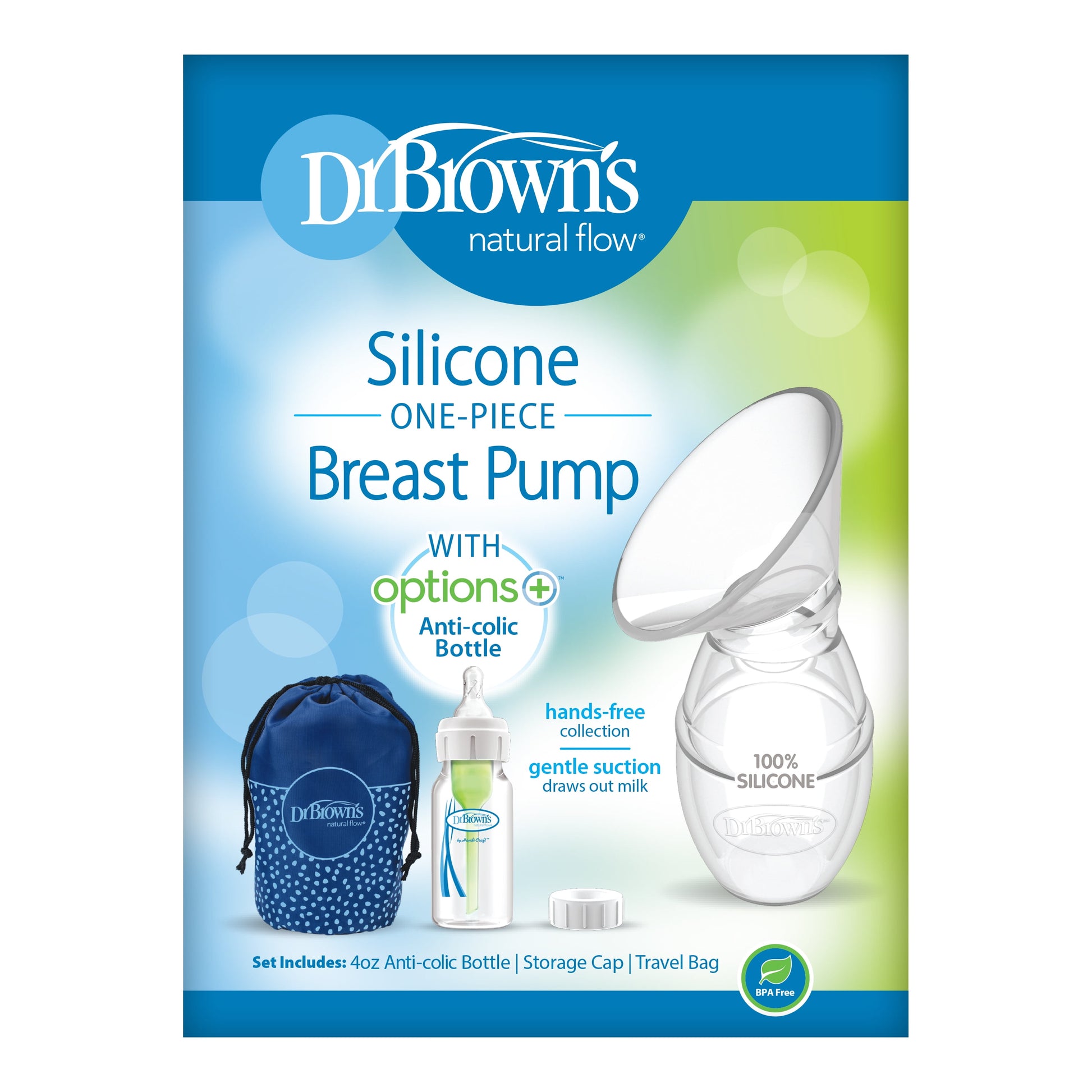 100% Silicone One-Piece Breast Pump, Hands-Free, 4 Oz Baby Bottle, Lid & Travel Bag