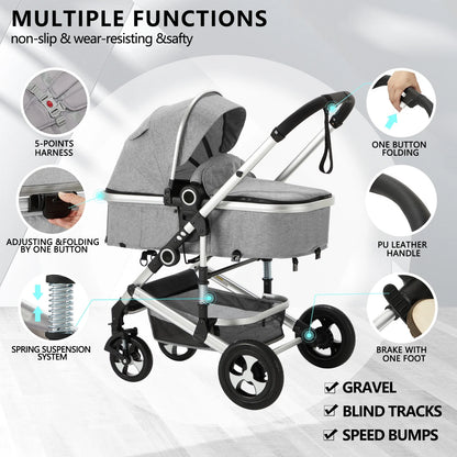 3-In-1 Convertible Baby Stroller, Folding Newborn Stroller with Big Seat, 21LB, Light Grey