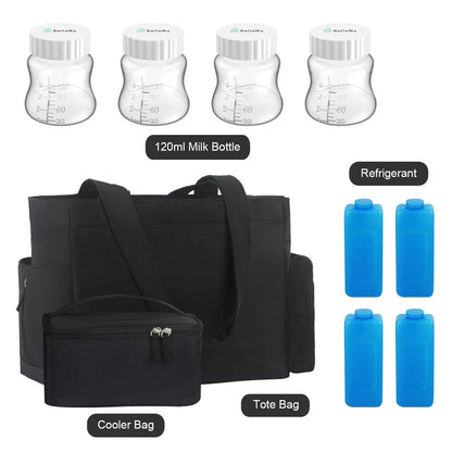 Multi-Functional Baby Nappy Changing/Breastpump Tote Bag with Breast Milk Cooler Pack (4 Refrigerants & 4 Bottles) for Work/Travel, Black