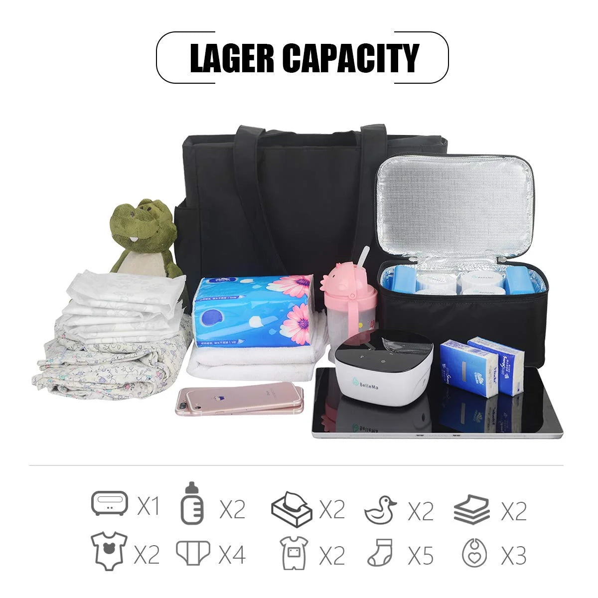 Multi-Functional Baby Nappy Changing/Breastpump Tote Bag with Breast Milk Cooler Pack (4 Refrigerants & 4 Bottles) for Work/Travel, Black