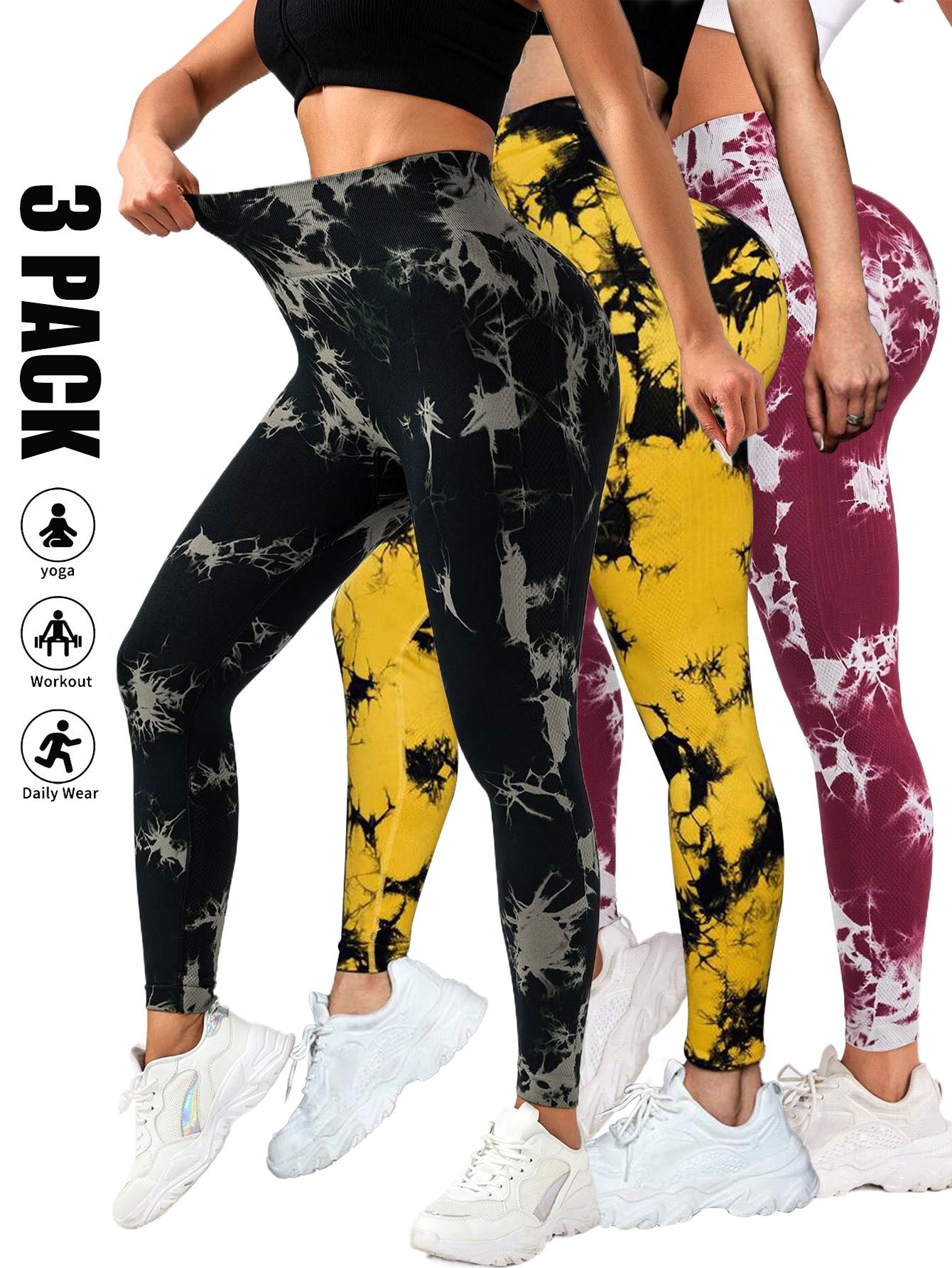 High Quality (3 Pack) Tie Dye Workout Seamless Leggings, High Waist Gym Leggings Yoga Pants