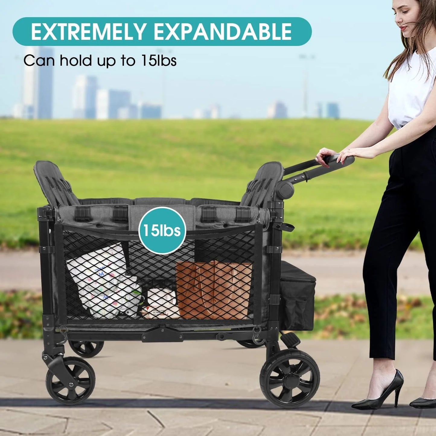 Black Stroller Wagon Cargo Net,  Wagon Accessories Universal Fit Stroller Mesh Cargo Net and Organizer, Extra Large Stroller Storage Space (Compatible with WONDERFOLD All W-Series Models)